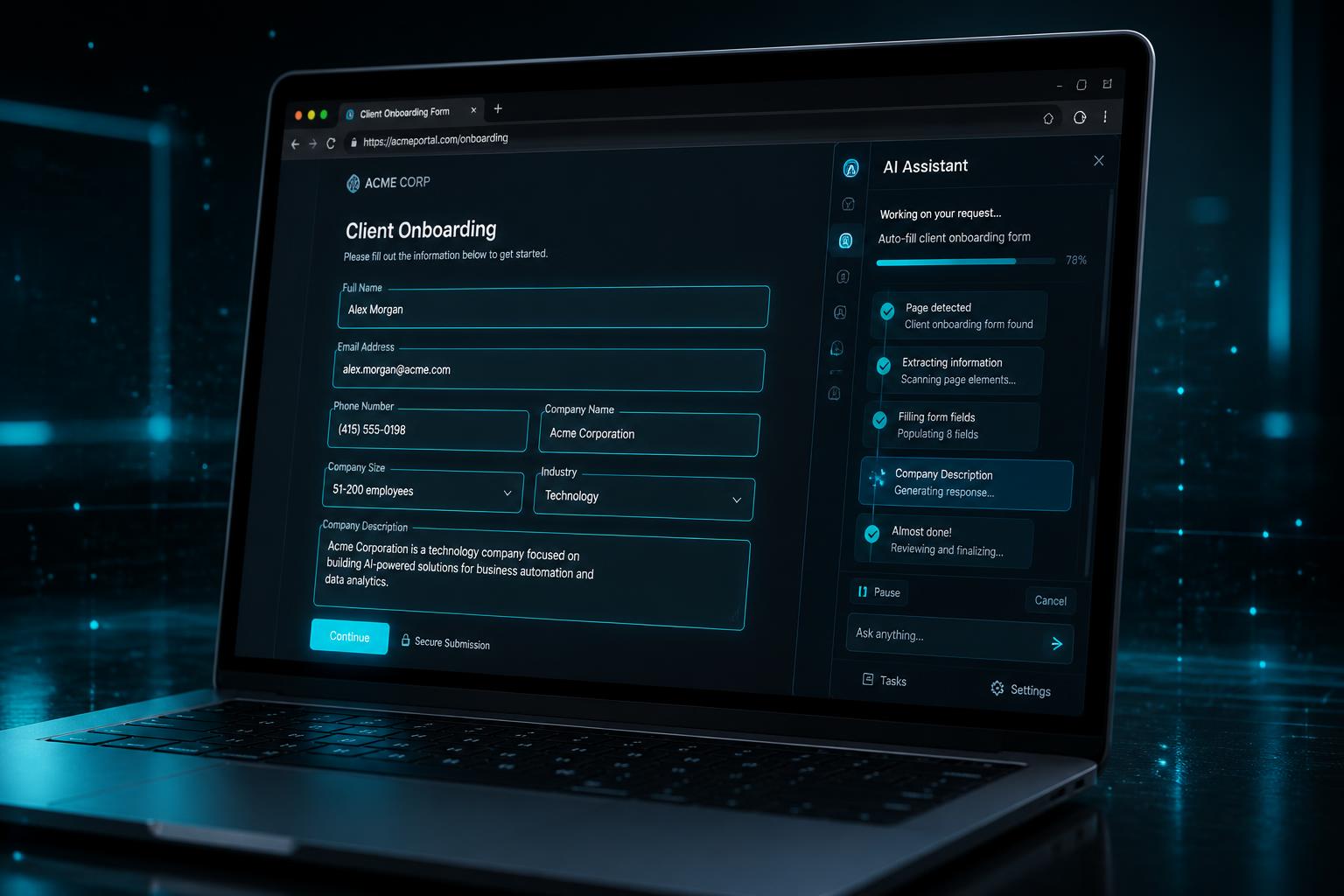 Agent Ctrl Chrome Extension controlling a browser and auto-filling a form